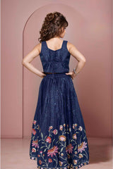 Navy Blue Sequins Embroidered And Thread Work Lehenga Choli Set For Girls