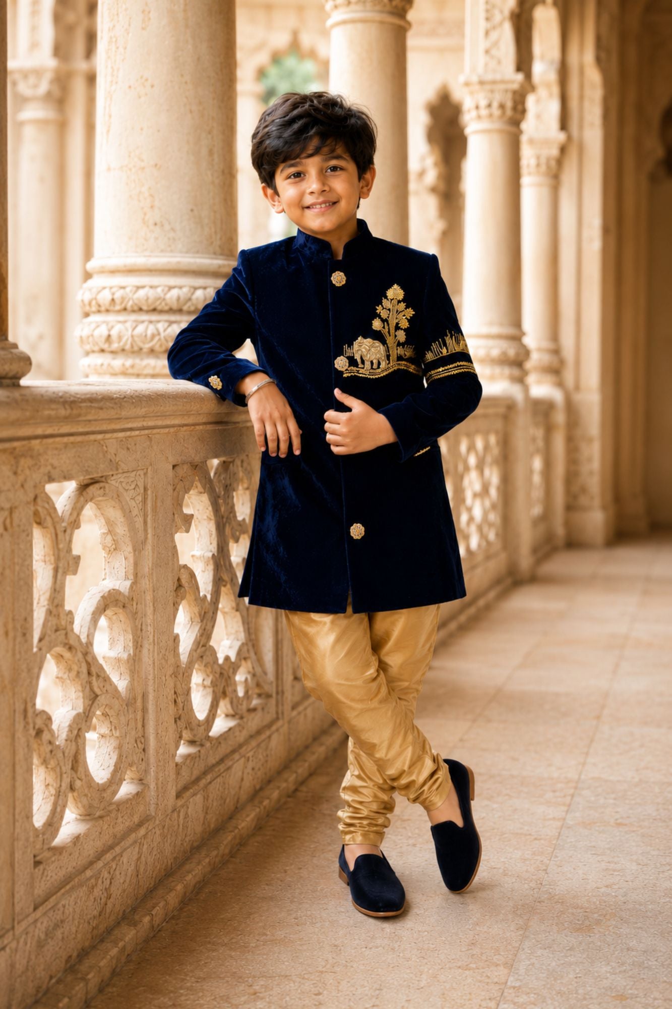 Boys Royal Navy Blue Velvet Sherwani Set