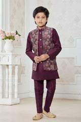 Wine Full Sleeves Kurta With Floral Print And Sequin Embroidered Waist Coat Set For Boys