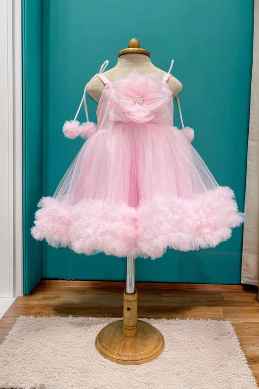 Pink Ruffle Frock With Floral Embellished For Girls