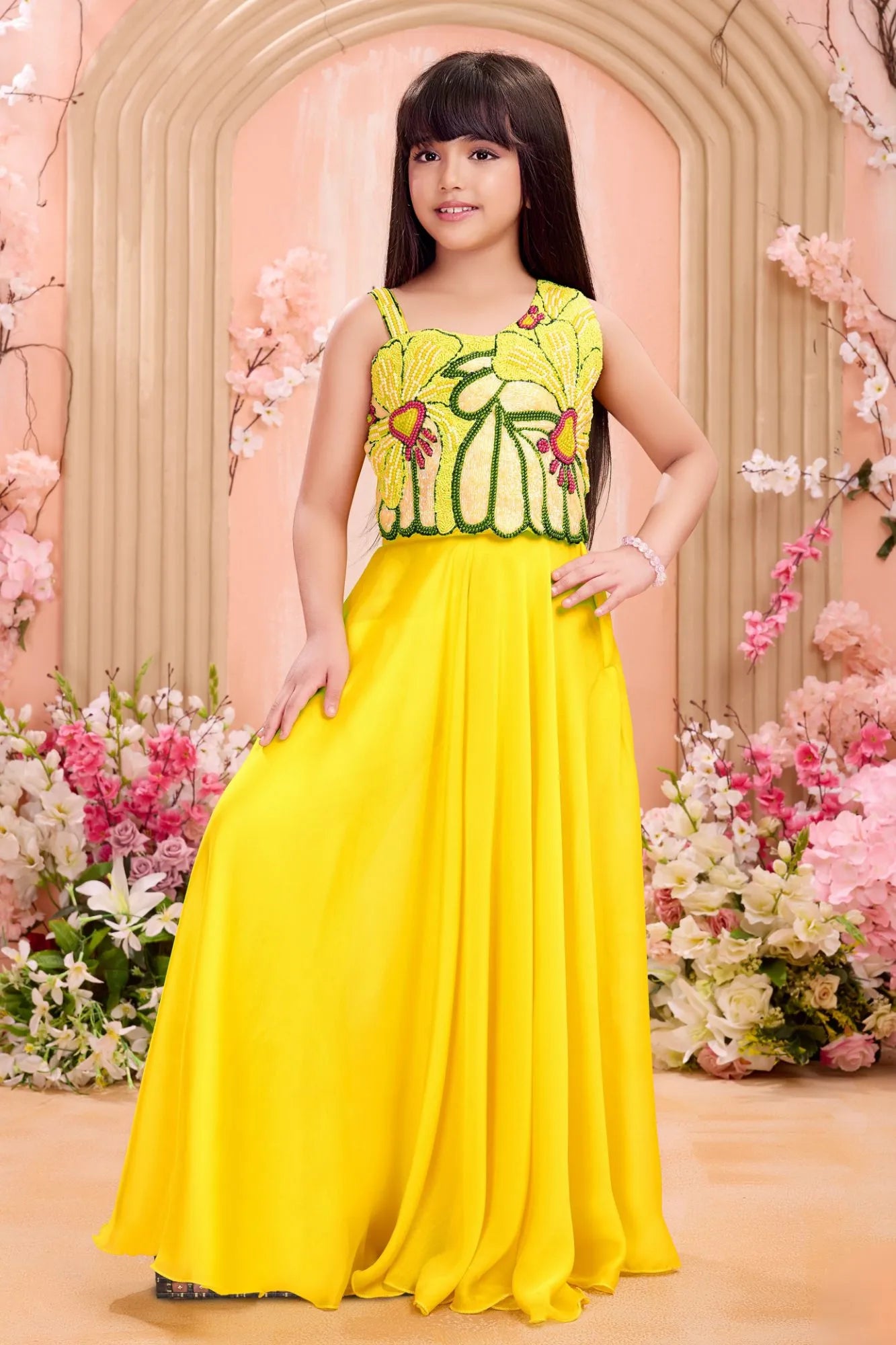 Bright Yellow Bead Embroidered Palazzo Set For Girls