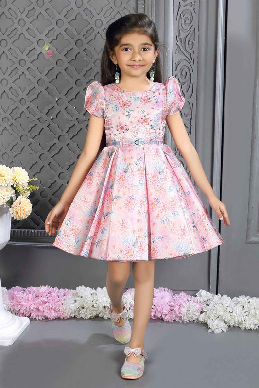 Pink Satin Frock With Floral Printed And Stone Work For Girls