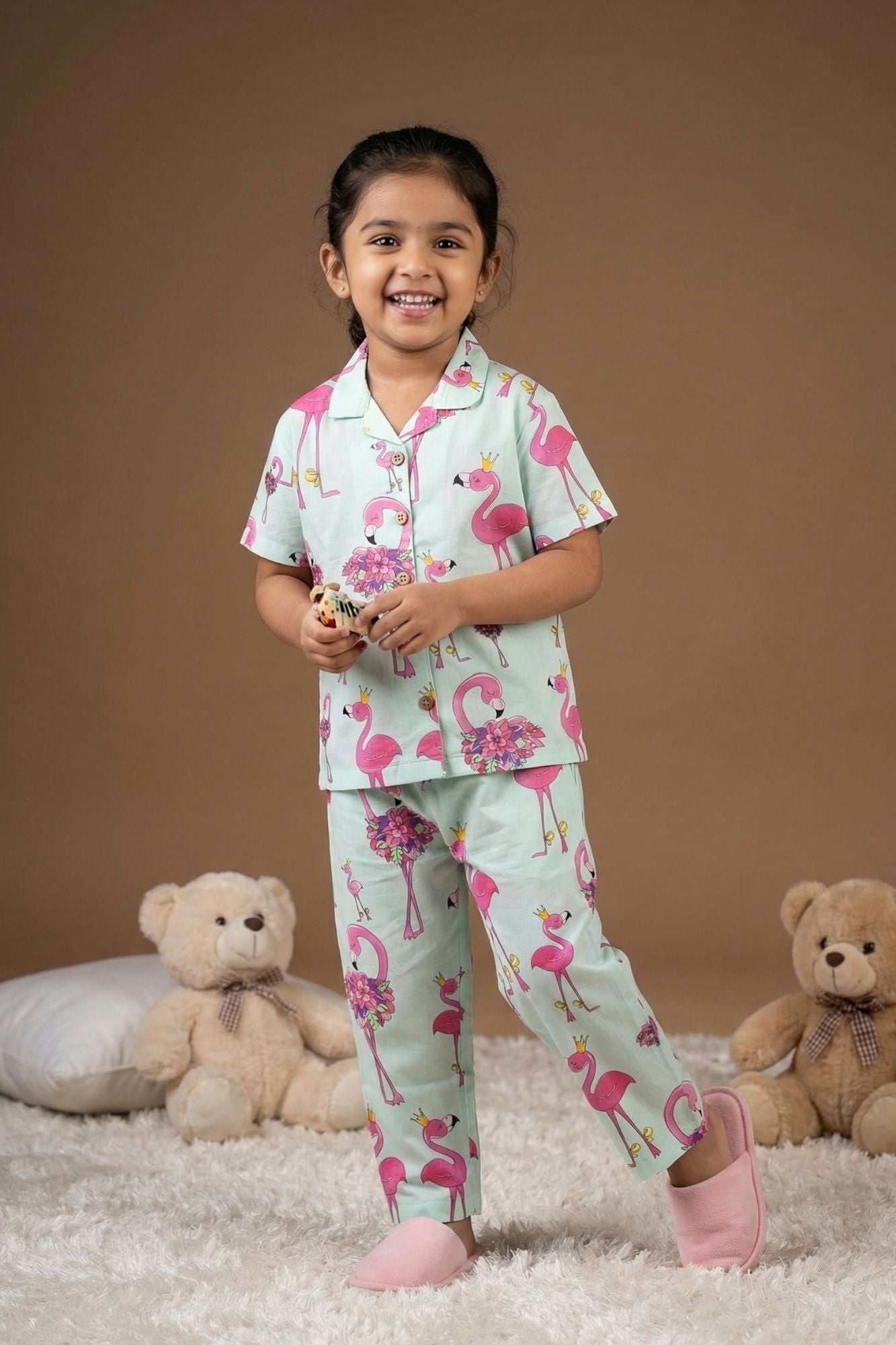 Mint Green Flamingo Print Cotton Night Suit Set For Girls