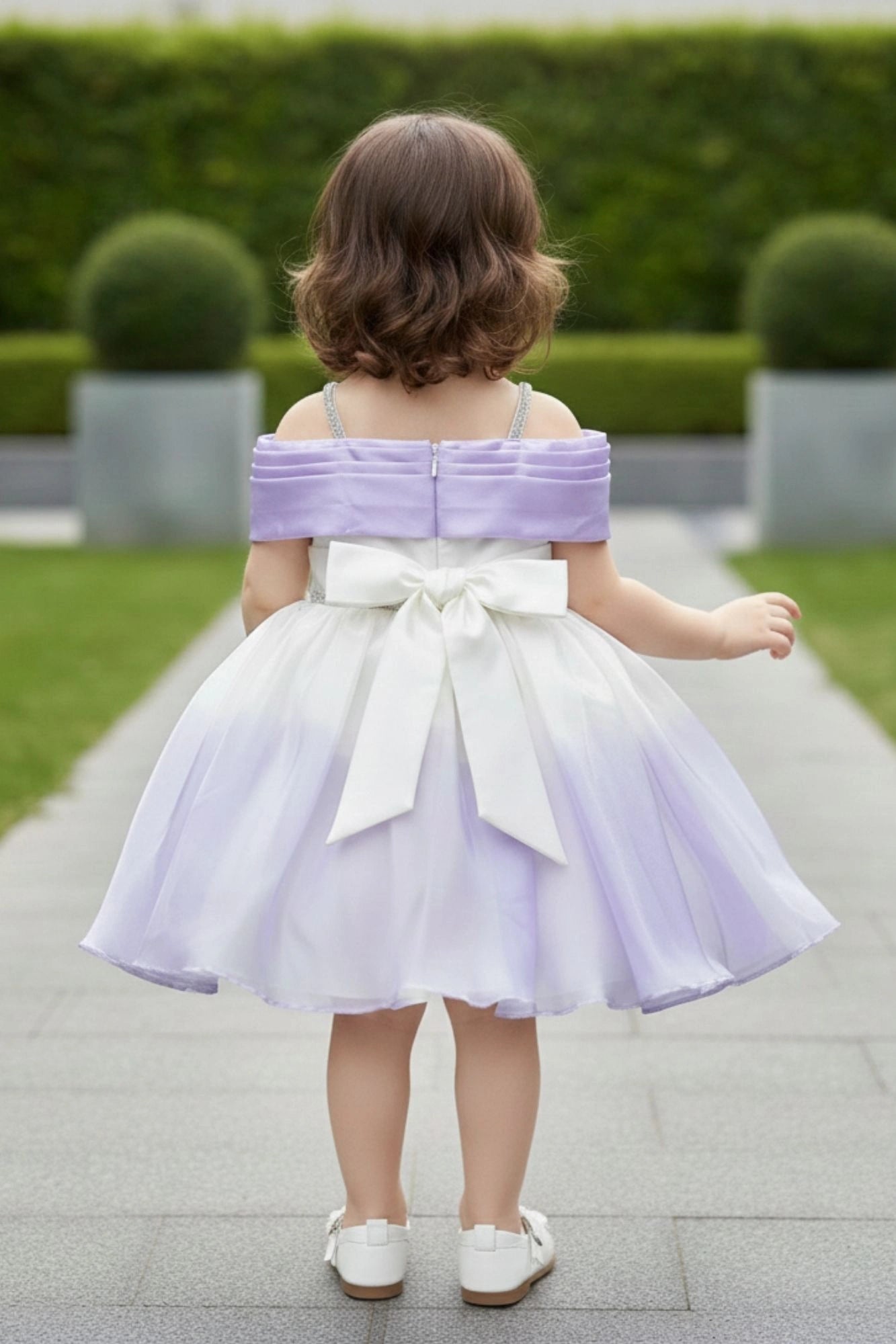 Lavender & White Ombre Party Wear Frock With One-Shoulder Bow Design For Girls