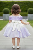 Lavender & White Ombre Party Wear Frock With One-Shoulder Bow Design For Girls