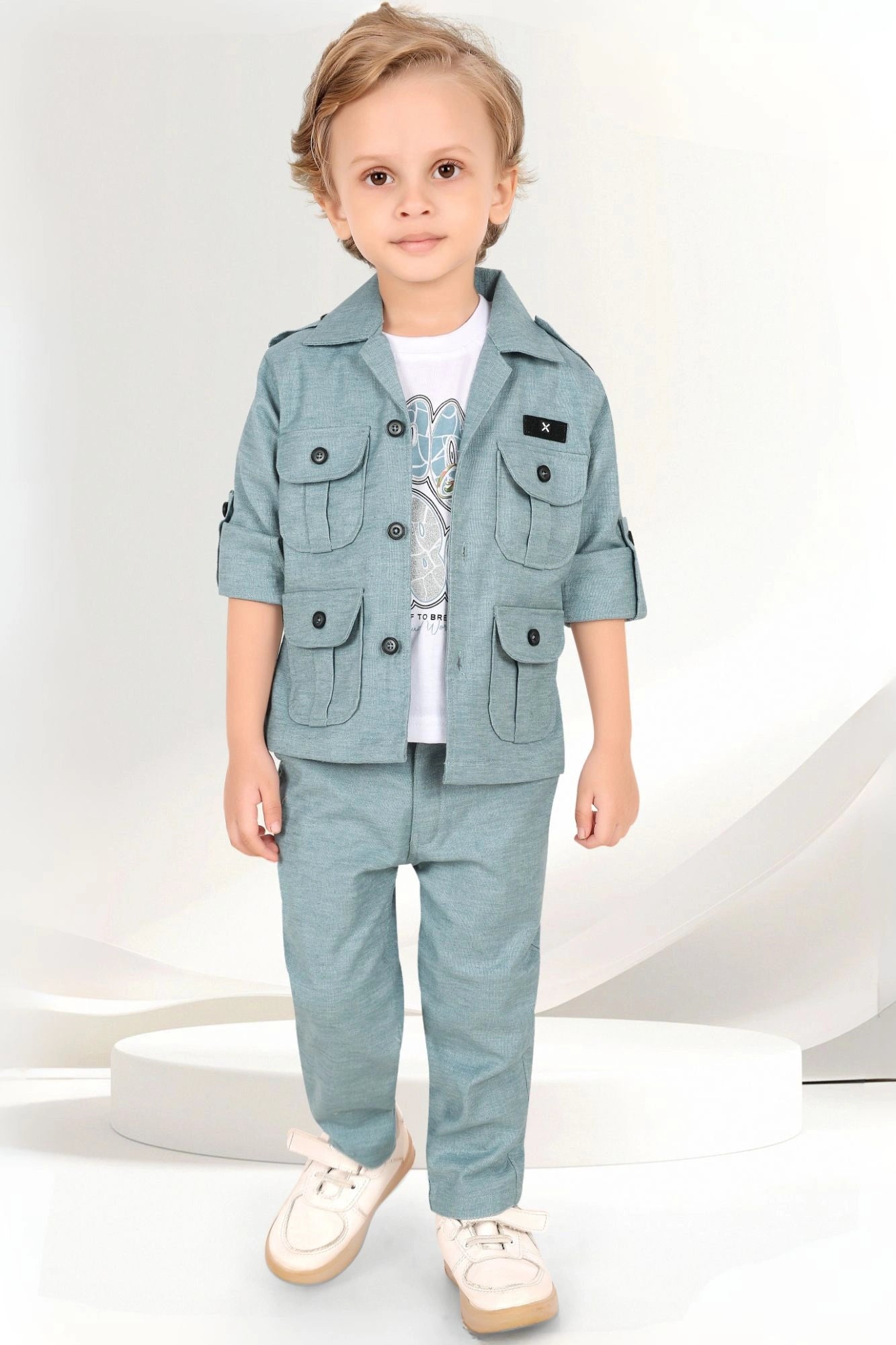 Stylish Sea Green Co-ord Set with Printed T-Shirt and Utility Jacket For Boys