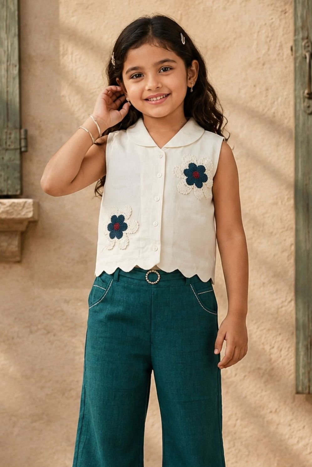 Girls Off-White And Dark Green Floral Embroidered Co-Ord Set with Wide Leg Pants