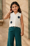 Girls Off-White And Dark Green Floral Embroidered Co-Ord Set with Wide Leg Pants