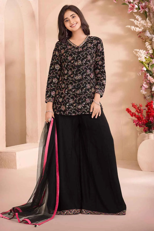 Black Palazzo Set with Multicolor Floral Embroidered Top And Dupatta for Girls