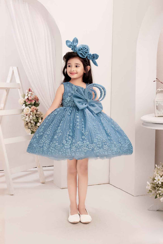 Blue Frock With Bow Embellished And Shimmer Printed For Girls