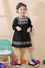 Black Casual Frock With Embroidery Work For Girls