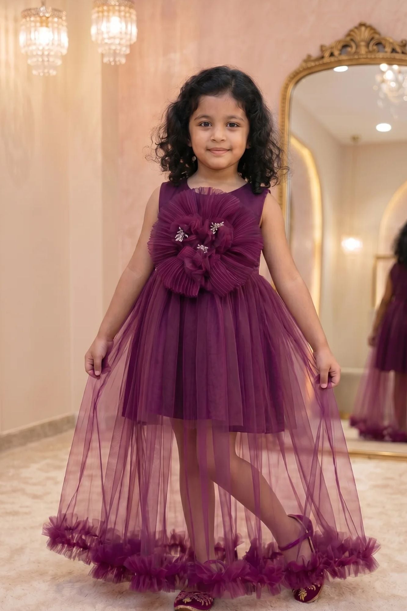 Wine Party Frock with Oversized Floral Appliqué For Girls