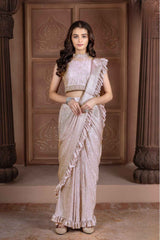 Onion Pink Ruffled And Sequined Saree For Girls