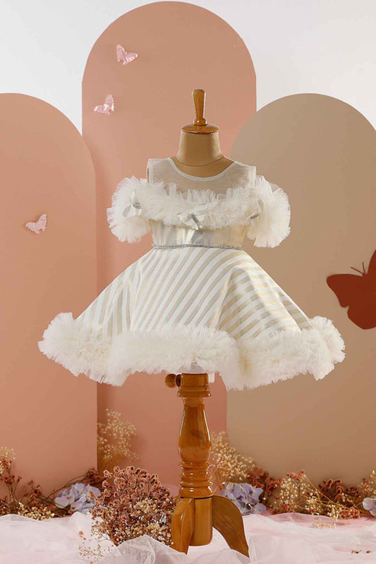 White Ruffled Frock With Golden Stripes For Girls