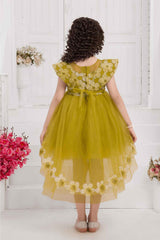 Mustard Tailback Frock With Sequins Work And Floral Embellishment For Girls