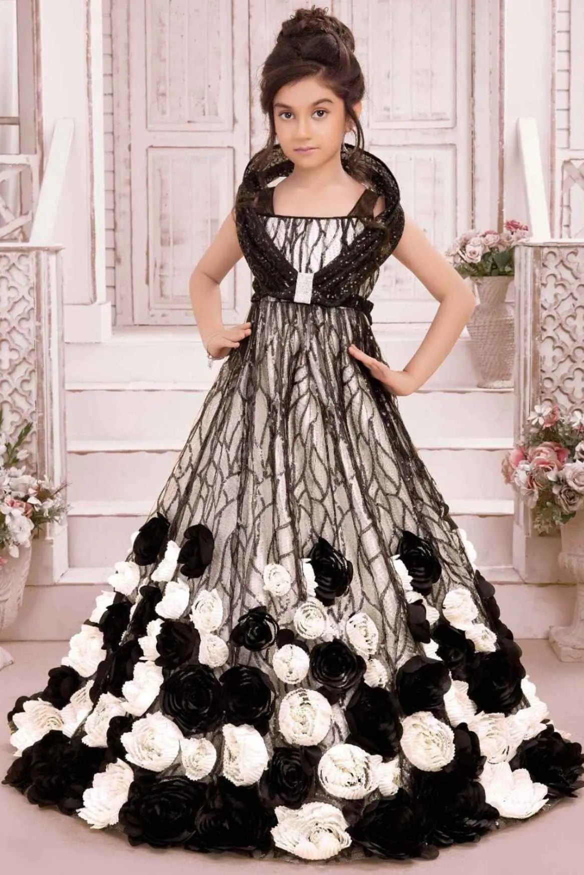 Black & Ivory Floral Appliqué Party Wear Gown with Sequin Detailing For Girls