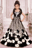 Black & Ivory Floral Appliqué Party Wear Gown with Sequin Detailing For Girls
