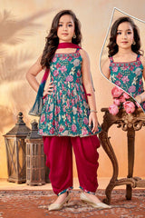 Teal blue And Red Printed And Sequin Top With Dhoti Bottom Set For Girls