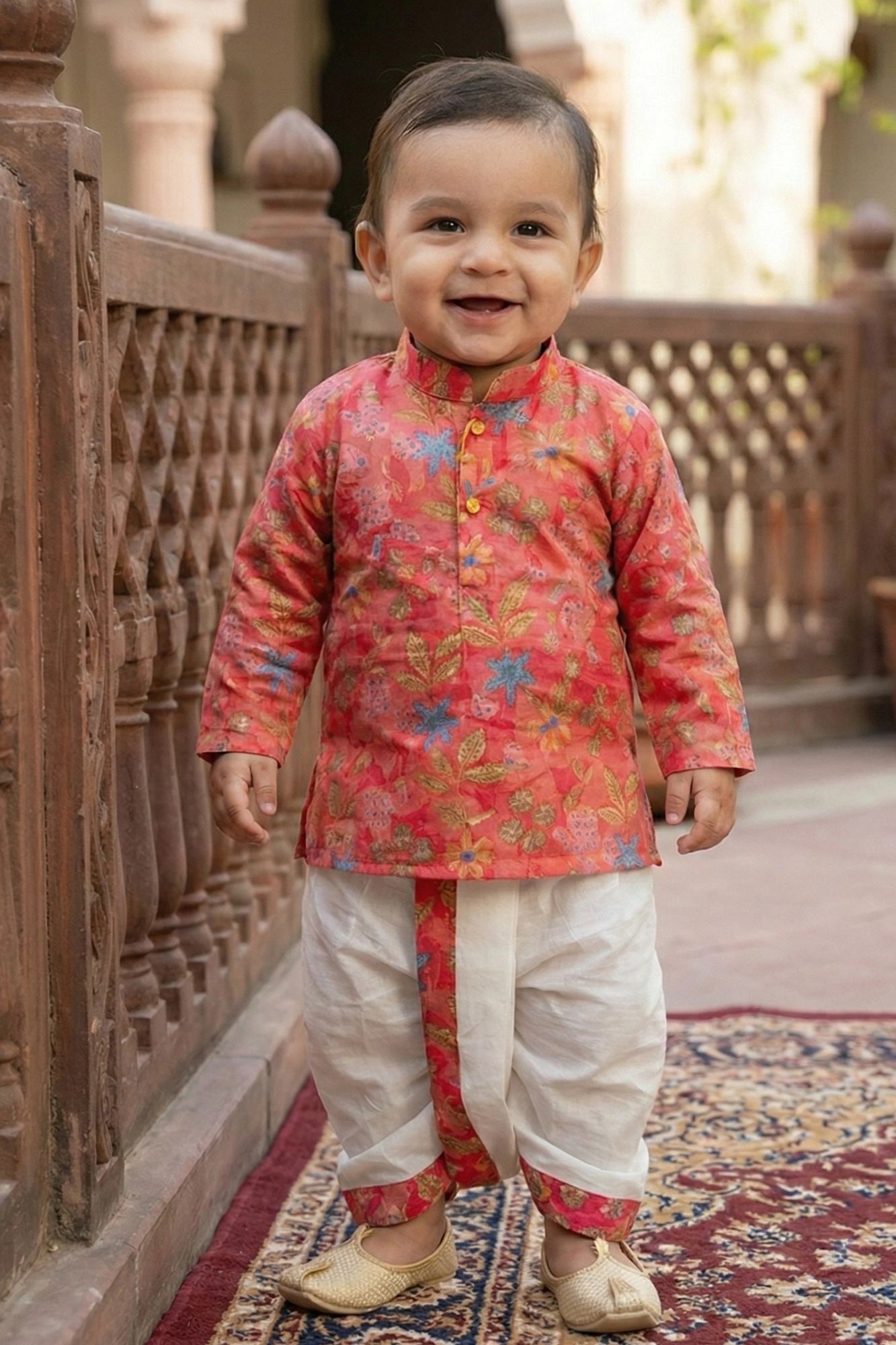 Pink Flora Ethnic Printed Kurta Dhoti Set for Boys