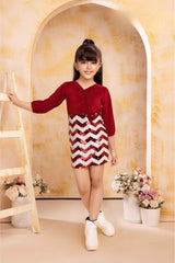 Maroon 3/4th Sleeves And Sequins Work With Floral Embellished Dress For Girls