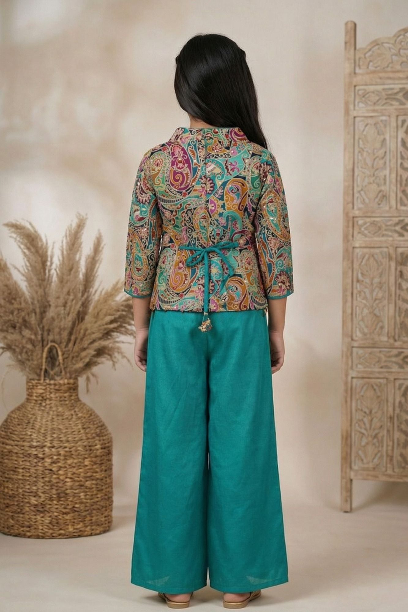 Rama Green Palazzo Set with Multicolor Paisley Embroidered Top For Girls