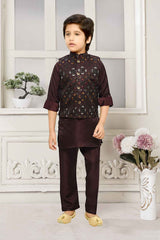 Classic Wine Kurta Set With Embroidered Overcoat For Boys