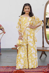 Mustard Printed Co Ord Set With Crop Top With Potli Bag For Girls