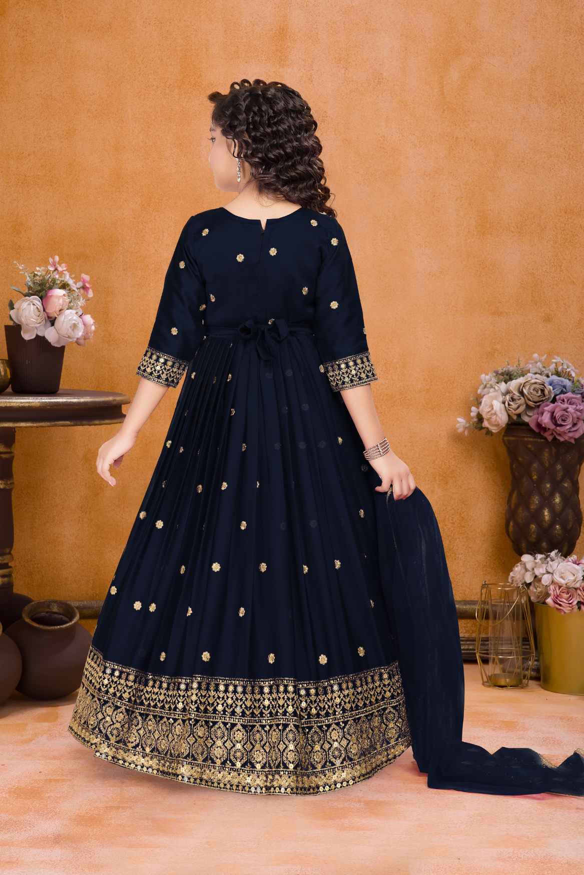 Navy Blue Sequins Work And Zari Embroidered Ethnic Gown For Girls Lagorii Kids Navy Blue Sequins Work And Zari Embroidered Ethnic Gown For Girls Lagorii Kids