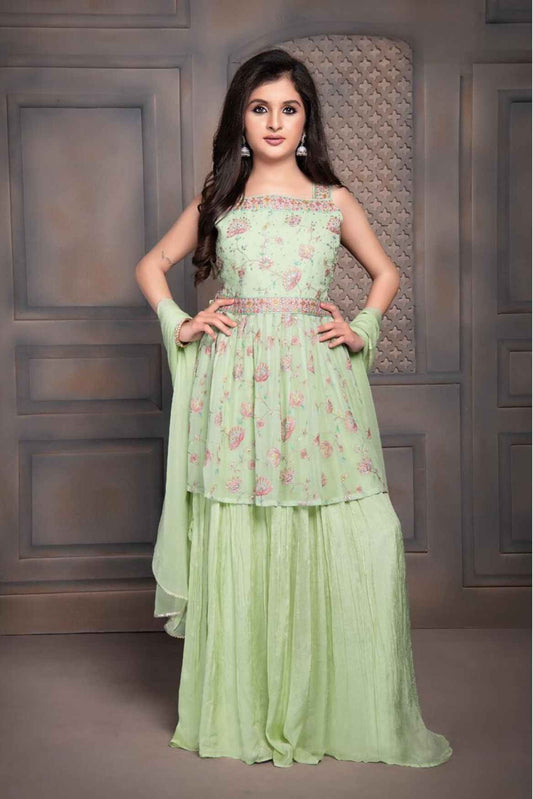 Pastel Green Embroidery With Mirror Work Palazzo Set For Girls