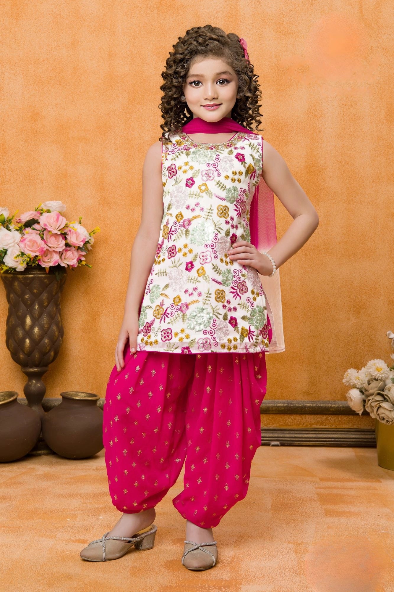Rani Pink and Cream Printed Patiala Set with Dupatta For Girls