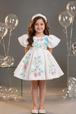 Girls White Floral Embellished Puff Sleeve Party Wear Frock
