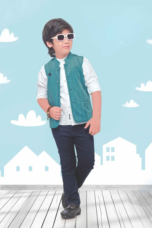 Blue Overcoat With White Shirt And Pant Set For Boys