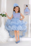 Blue Ruffle Party Gown With Sequin Bows And High-Low Hem For Girls