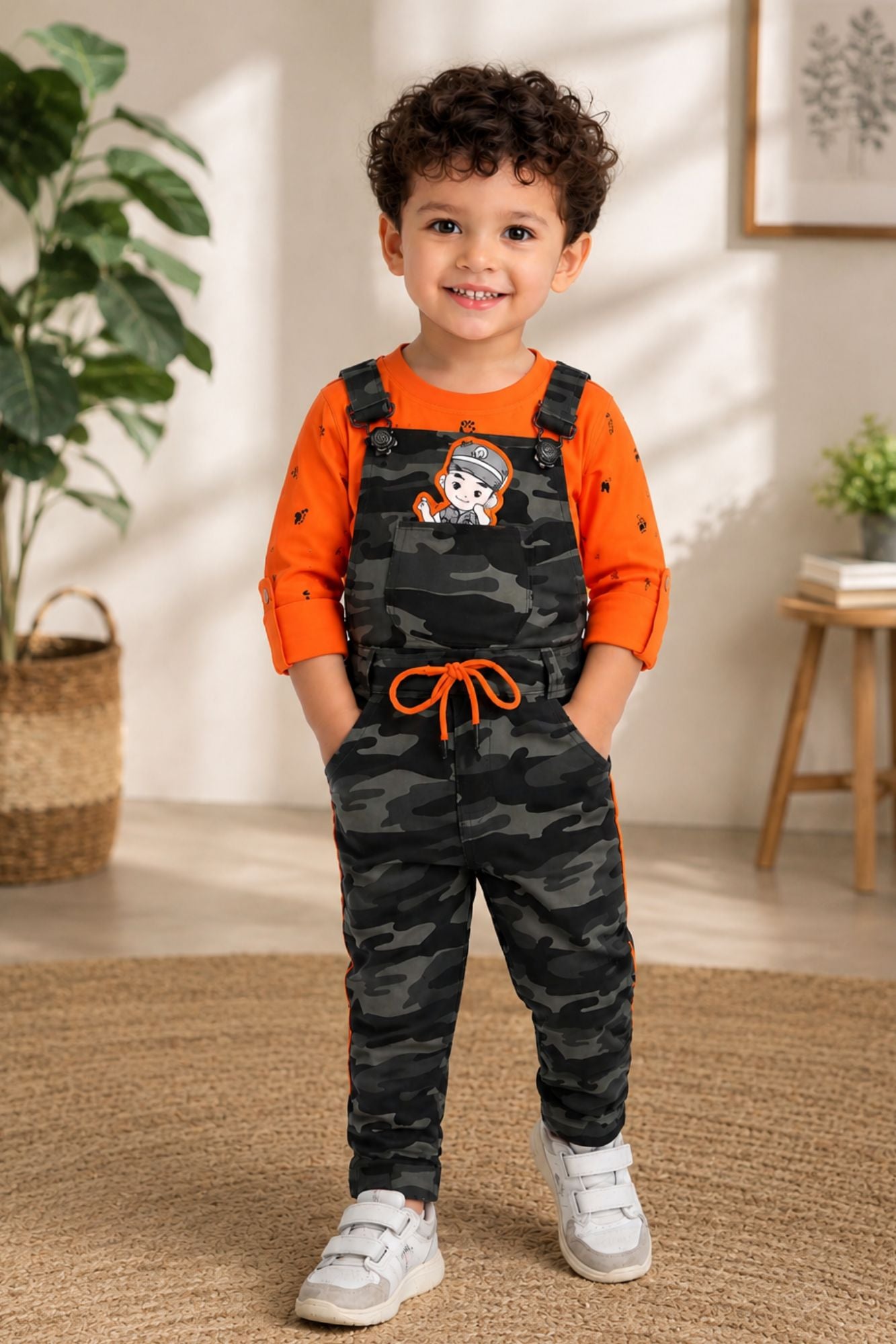 Orange T-Shirt with Camouflage Dungaree Set