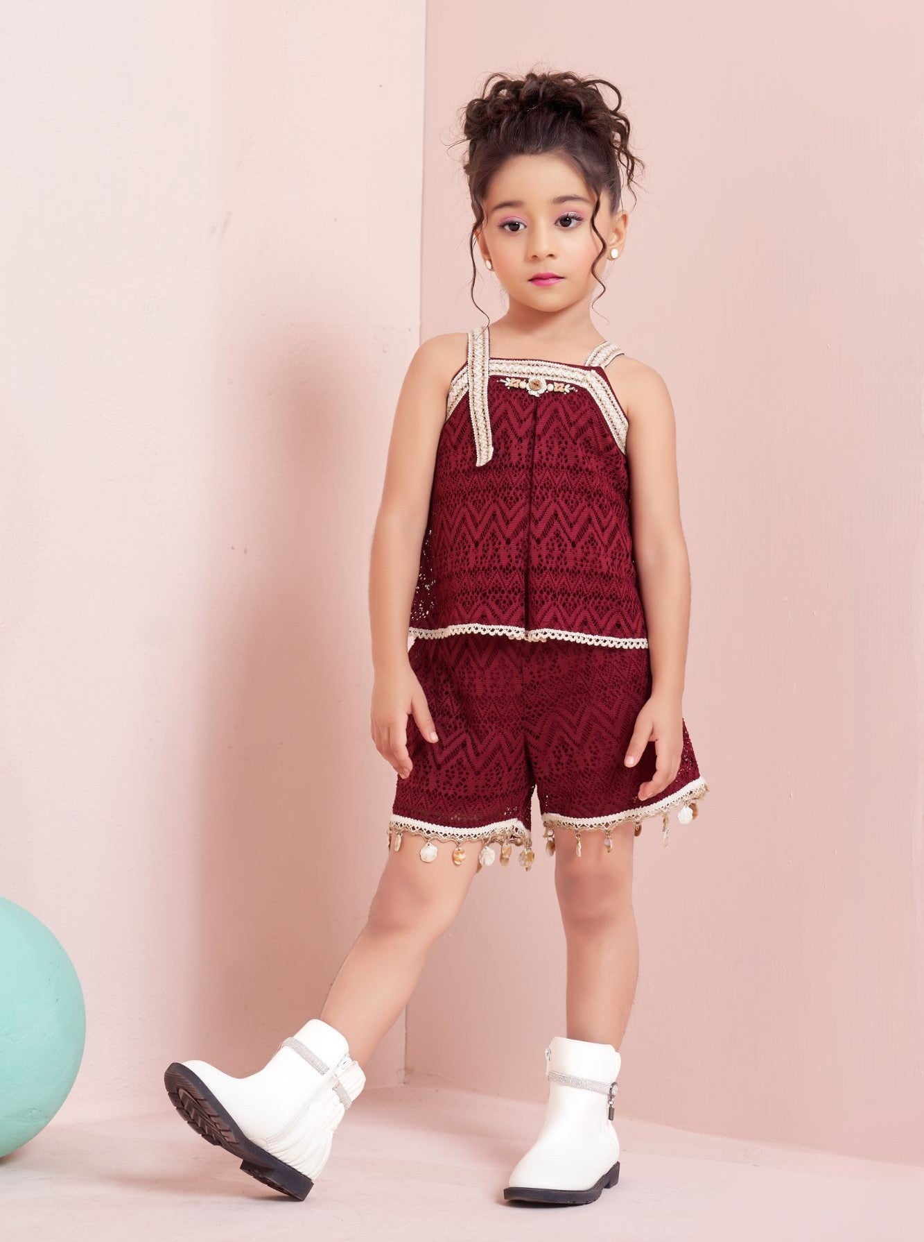 Girls Maroon Sleeveless Shorts Set with Lace Detailing