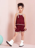 Girls Maroon Sleeveless Shorts Set with Lace Detailing