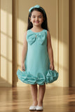 Girls Sky Blue Party Dress with Statement Bow And Ruffle Hemline