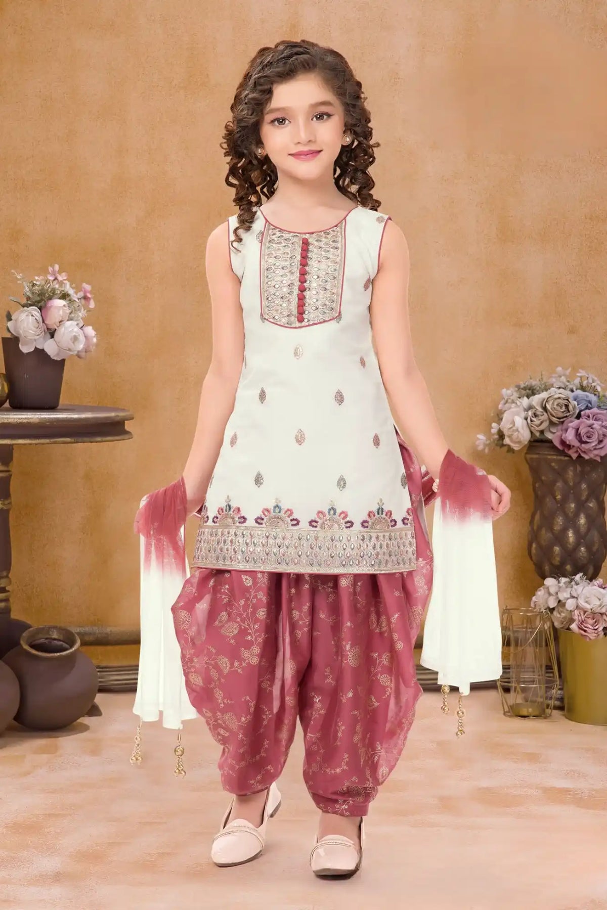 Cream and Rust Patiala Set With Sequins Embroidered Kurti And Dupatta For Girls
