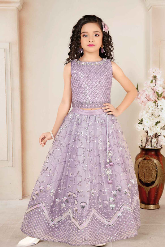 Lavender Sequins Embroidered Lehenga Choli Set For Girls