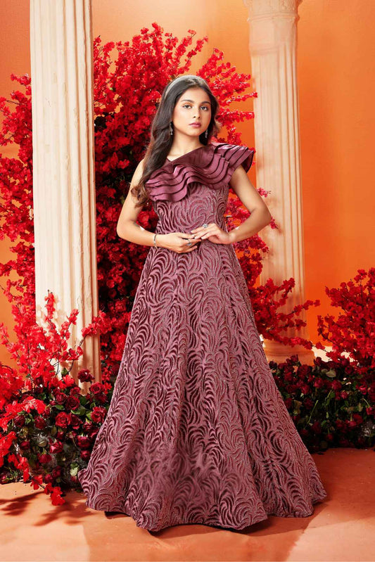 Elegant Wine Partywear Gown For Girls