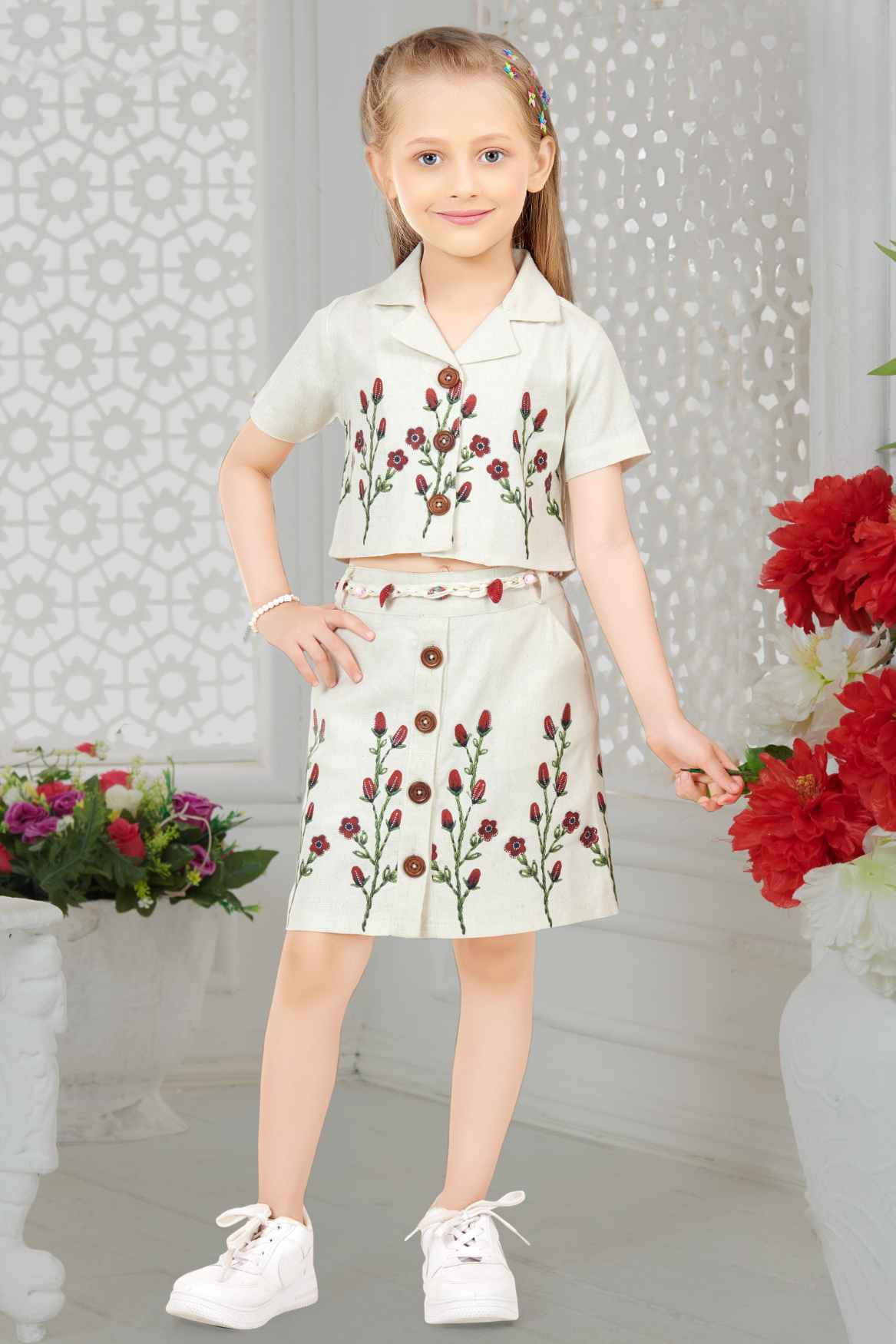 Off White Floral Embroidered Shirt And Skirt Set for Girls