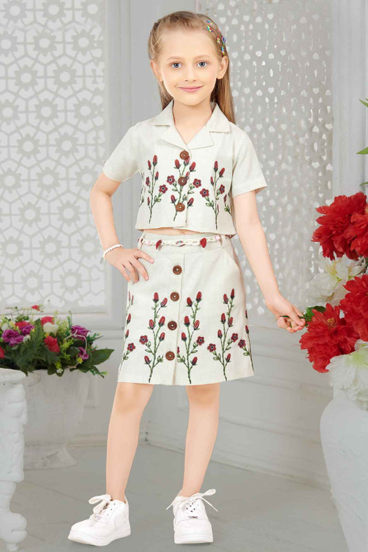 Off White Floral Embroidered Shirt And Skirt Set for Girls