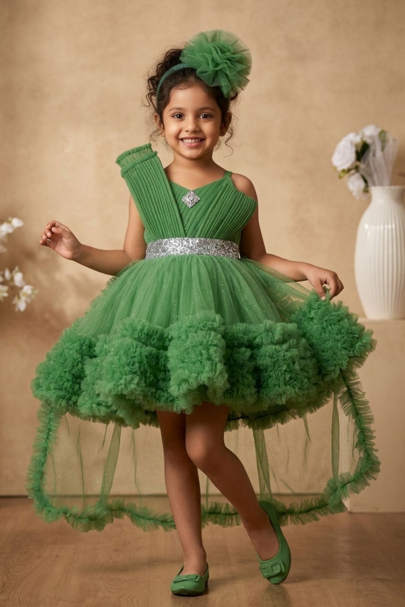 Green Ruffle Party Frock With Bow Embellishment For Girls