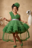 Green Ruffle Party Frock With Bow Embellishment For Girls