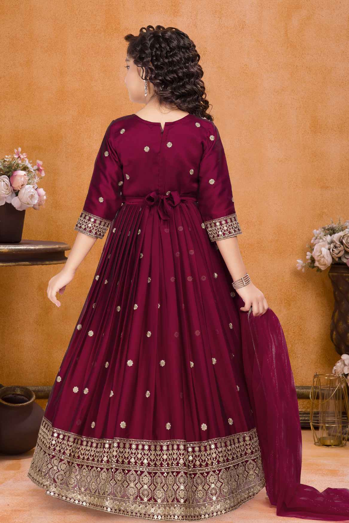 Maroon Sequins Work And Zari Embroidered Ethnic Gown For Girls