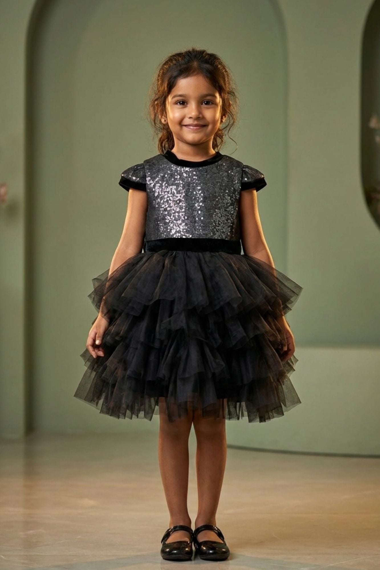 Girls Black Party Wear Frock with Sequin Embellishments