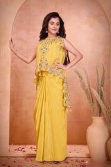 Yellow Embroidered Top With Draped Dhoti Skirt Set For Girls
