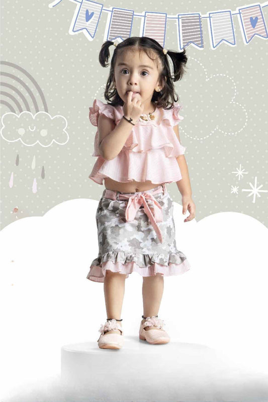 Peach Chiffon Top And Printed Skirt Set For Girls