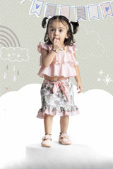 Peach Chiffon Top And Printed Skirt Set For Girls