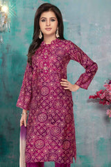 Wine Mirror Work And Printed Ethnic Kurta Set For Girls